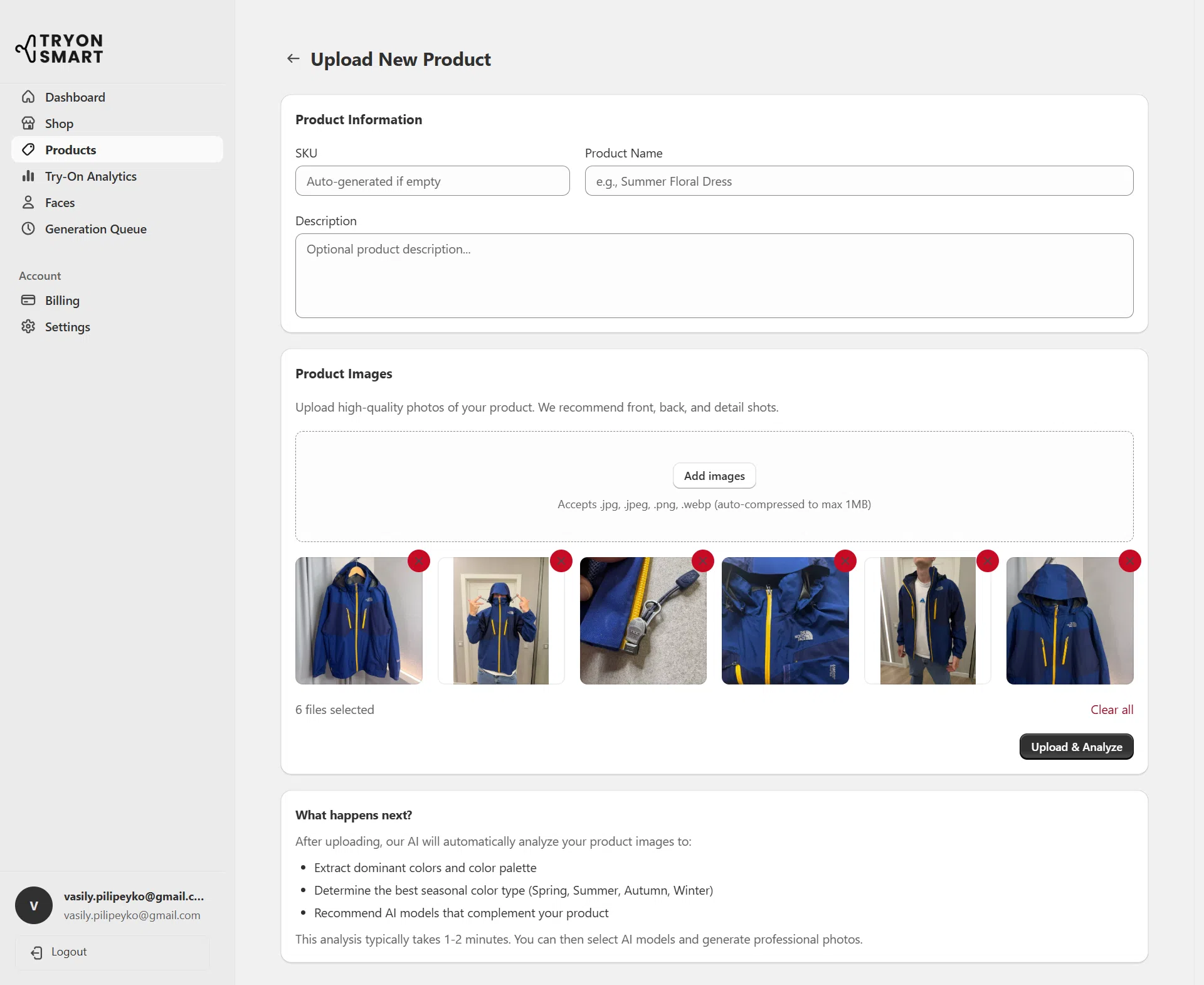 TryOnSmart dashboard garment upload screen with drag-and-drop area